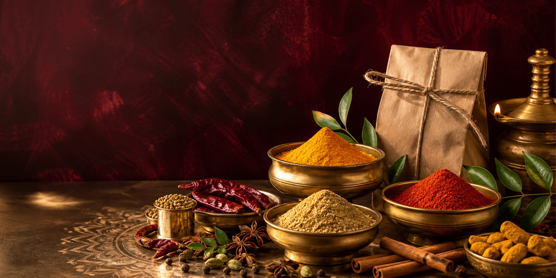Traditional spice powders and whole spices in brass bowls